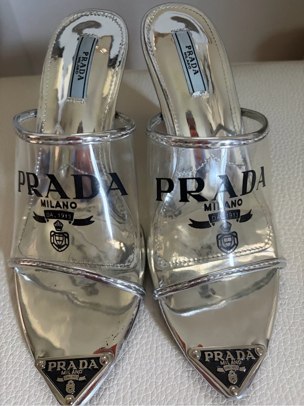 Prada Silver Clear Strap Women's Slide Sandals